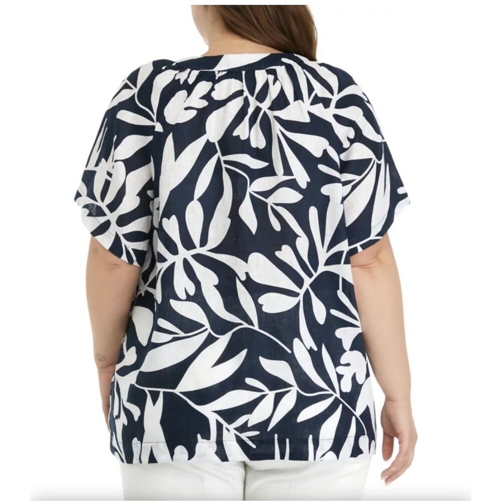 Elie Tahari Linen Short Sleeve XL Popover Top Blouse Blue White Lightweight Natu